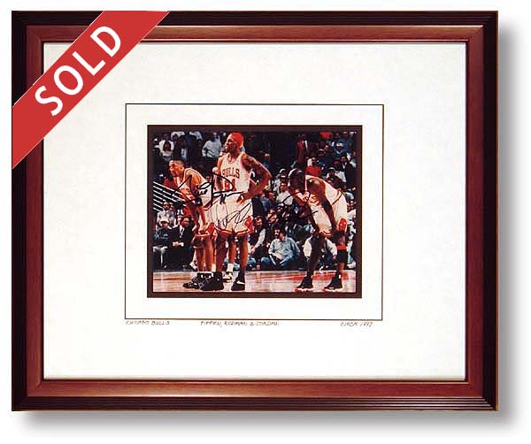 Photograph Signed By Dennis Rodman, Scottie Pippen & Michael Jordan